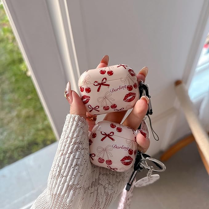 Vintage Bow Cherry Lip Design Air Pod Pro 3 Generation Case（2025） with Bow Cherry Lip Lanyard Keychain，Unique IMD Process TPU Soft Pro 3 Case