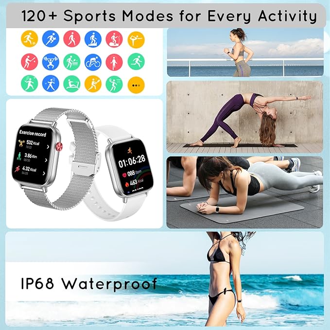 Smart Watch for Women Men (Answer/Make Calls) 1.83" HD 3 Bands Smartwatch Compatible Android iPhone Phones with Fitness Step Tracker/Heart Rate/Sleep Monitor, 120+ Sports Modes IP68 Waterproof, Silver