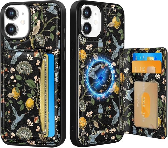 for iPhone 11 Case with Wallet - Fits 4 Card Slots, Compatible with MagSafe for Women Aesthetic Durable PU Leather Credit Card Holder Kickstand Phone Cover for Apple 11, Lemon Bird