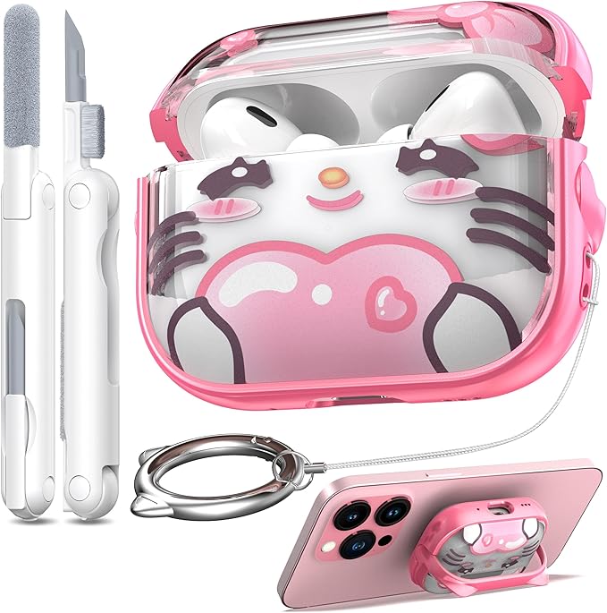 RFUNGUANGO is Compatible with AirPods Pro 3 Protective case, with Mobile Phone Holder Function, Multiple Colors Available, Suitable for AirPods Pro 3 Protective case,Pink + Cute