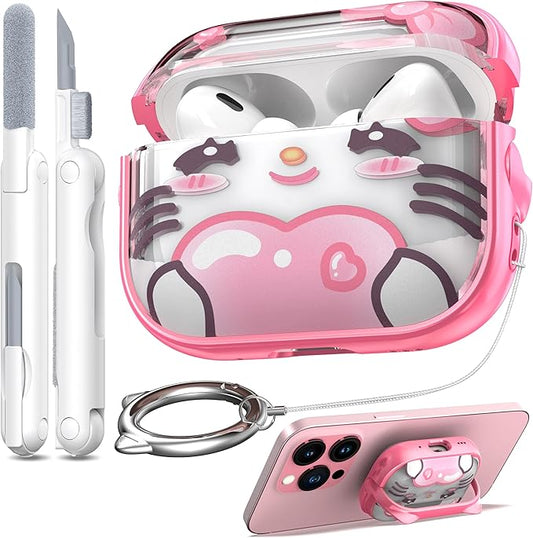 RFUNGUANGO is Compatible with AirPods Pro 3 Protective case, with Mobile Phone Holder Function, Multiple Colors Available, Suitable for AirPods Pro 3 Protective case,Pink + Cute