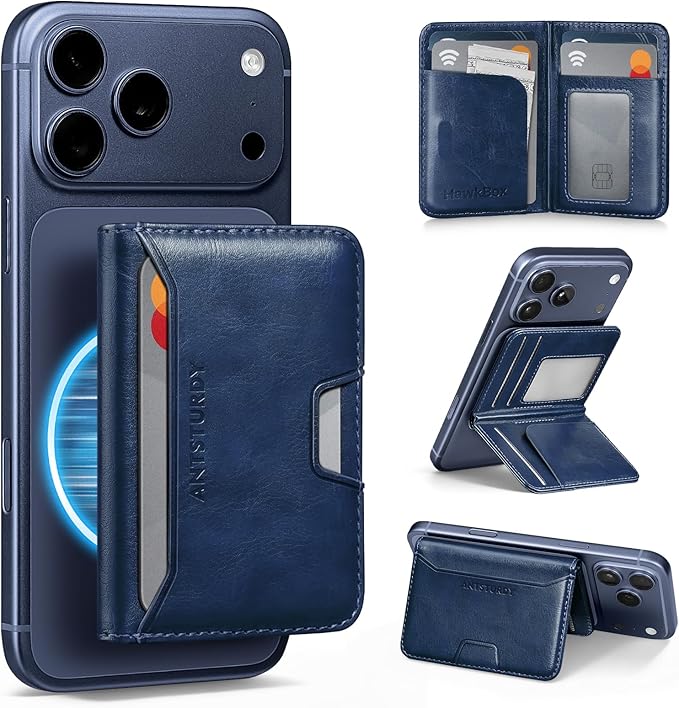 Antsturdy for Magsafe Wallet Stand with Holder,PU Leather RFID Blocking Card Holder,5 Card Slots,Strong Magnet Minimalist Flip Folio Kickstand for iPhone 17/16/15/14/13/12/Pro/Max/Plus/Air,Blue