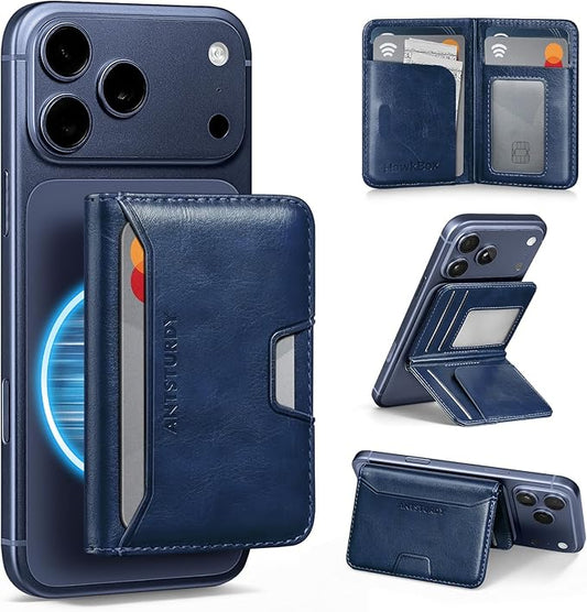 Antsturdy for Magsafe Wallet Stand with Holder,PU Leather RFID Blocking Card Holder,5 Card Slots,Strong Magnet Minimalist Flip Folio Kickstand for iPhone 17/16/15/14/13/12/Pro/Max/Plus/Air,Blue