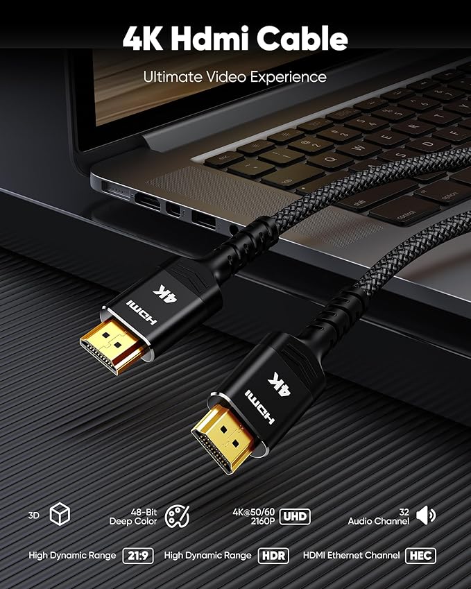 Highwings 4K HDMI Cable 6.6FT/2m - 4K@60Hz HDR Braided HDMI Cord, 18Gbps High Speed with Ethernet/ARC, 3D, HDCP 2.2, ARC, Compatible for PS-5/4/3/4K HDTV/Monitor/Projector/Streaming Media, Black
