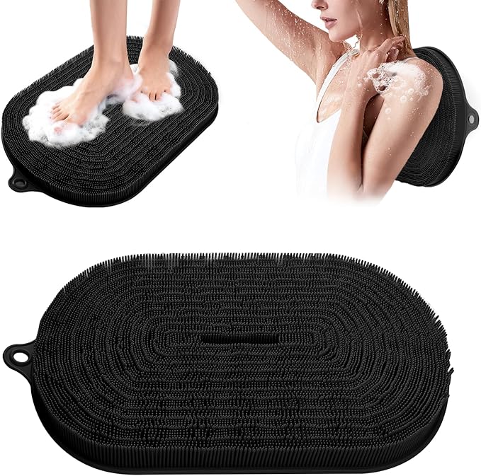 Shower Foot Scrubber - XXL Large Silicone Bath Mat for Exfoliating & Massaging Feet in Shower, Non-Slip Suction Cups, Dead Skin Remover, Callus Cleaner for Men & Women, 20.9"x13.8" Black