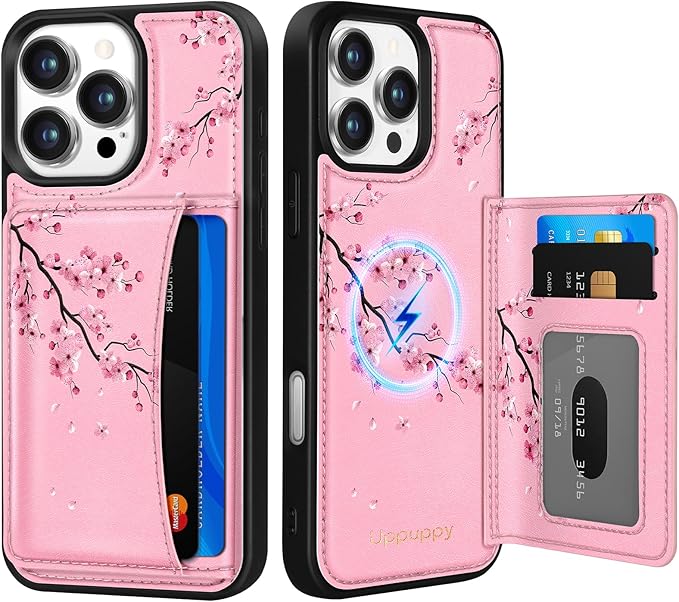 for iPhone 16 Pro Case with Wallet - Fits 4 Card Slots, Compatible with MagSafe for Women Aesthetic Durable PU Leather Credit Card Holder Kickstand Phone Cover for Apple 16 Pro, Peach Blossom