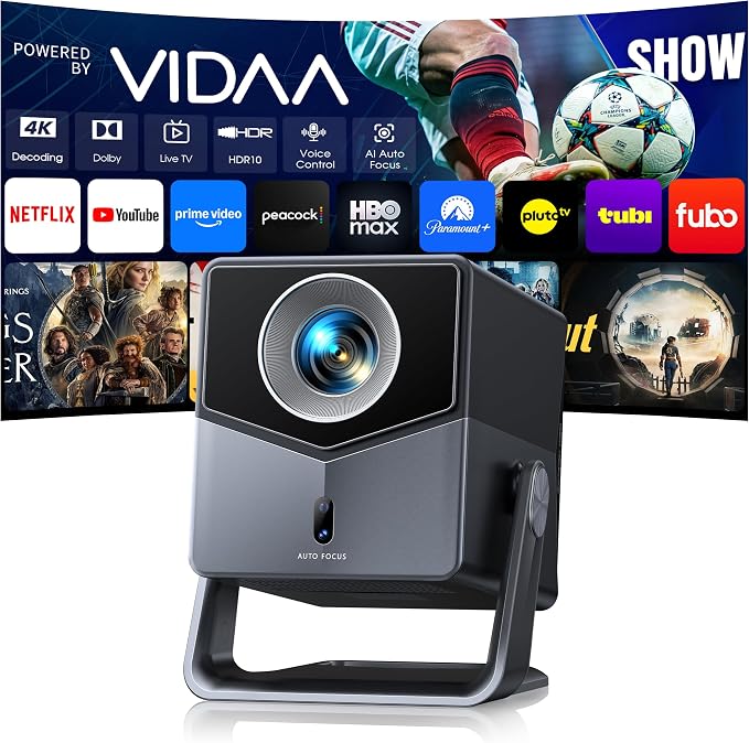Smart Projector 4K [VIDAA Live TV & 36W Dolby & Voice Control] with WiFi6 and Bluetooth, Short Throw Projector Compatible with Netflix, AI Auto Focus, HDR10, Home Theater Proyector for Outdoor Movies