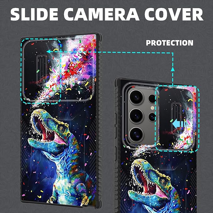for Galaxy S26 Ultra Case Built in Slide Camera Lens Cover,Heavy Duty Shockproof Protection Dual Layer Case for Samsung Galaxy S26 Ultra 6.9" 2026,Colorful Cool Dinosaur