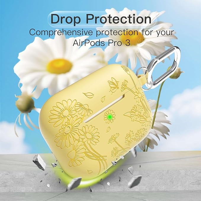 for AirPods Pro 3 Case (2025) DamonLight Daisy Floral Engraved Shockproof Protective Soft Silicone Case Cover with Cleaning Pen and Keychain for Apple Airpods Pro 3rd Generation(Yellow)