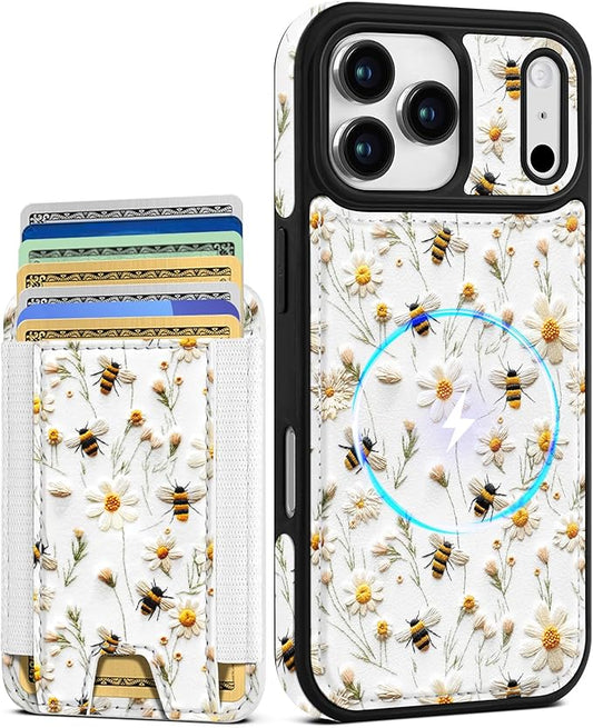 Shorogyt for iPhone 17 Pro Case Wallet - Fits 5 Cards, Compatible with Magsafe Detachable Magnetic Credit Card Holder Leather Cardholder Cute Phone Cover Women Girls for Apple 17Pro, Bee Flower