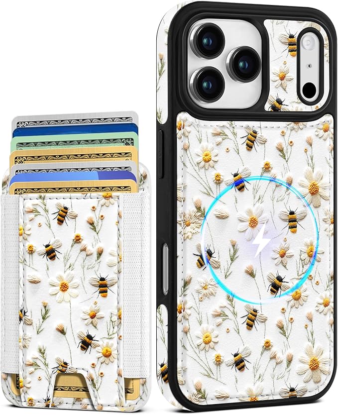 Shorogyt for iPhone 17 Pro Max Case Wallet - Fits 5 Cards, Compatible with Magsafe Detachable Magnetic Credit Card Holder Leather Cardholder Cute Phone Cover Women Girl for Apple 17 ProMax, Bee Flower