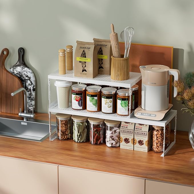 Adjustable Stackable Metal Storage Shelf Organizer - Expandable Wire Rack with Perforations for Kitchen, Pantry, Bathroom, Cabinet & Office-Compact, Durable & Sturdy (3PACKS/Large/White)