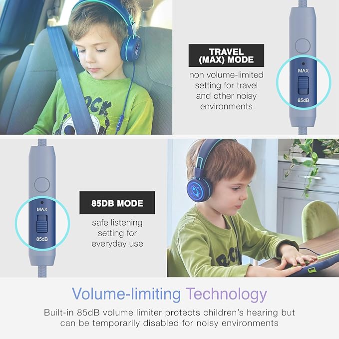 MEE audio KidJamz KJ55 Wired Children’s Headphones with 3.5mm Plug, Colorful Graphics, Volume Limiter & Microphone, Adjustable On-Ear Kids Headset for Online Learning/School/Travel/Tablet (Blue)