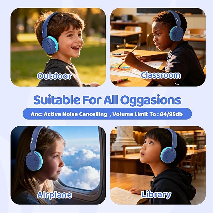 MIDOLA Kids Bluetooth Headphones Active Noise Cancelling Lightweight Wireless Headphone for Kid Volume Limited 85/94dB Foldable Over-Ear Headset with Mic,68 Hours Playtime,for Toddler Child Blue