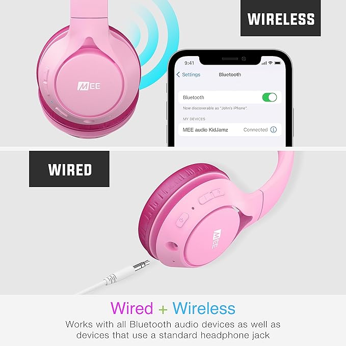 MEE audio KidJamz KJ45BT Children's Safe Listening Bluetooth Wireless Headphones with Volume Limiter & Microphone, Adjustable On-Ear Kids Headset for Online Learning/School/Travel/Tablet, Pink/Magenta