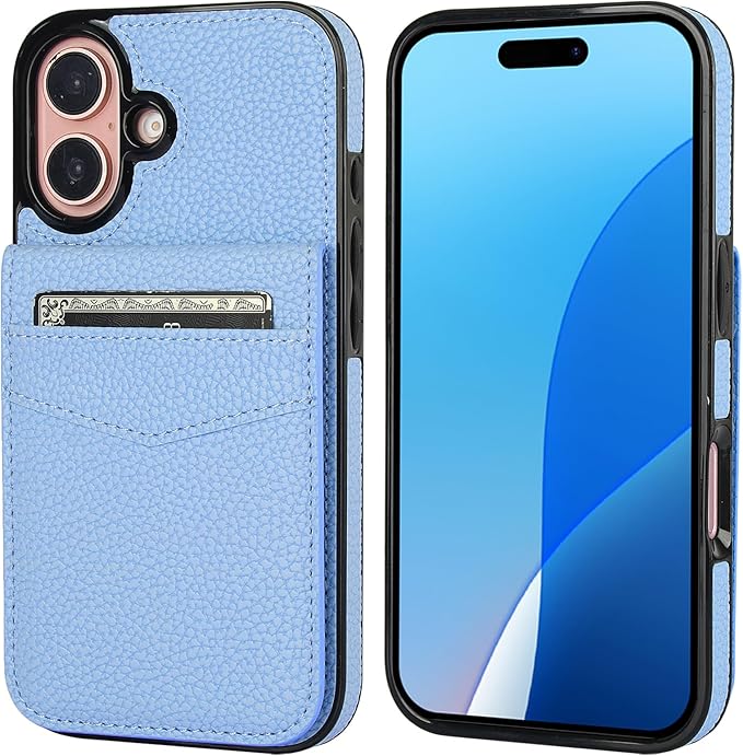 KIHUWEY Compatible with iPhone 16 Case Wallet with Credit Card Holder, Flip Premium Leather Magnetic Clasp Kickstand Heavy Duty Protective Cover for iPhone 16 6.1 Inch (Lichee Light Blue)