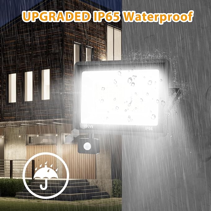 2 Pack 150W LED Motion Sensor Flood Light, 5000K Daylight, IP66 Waterproof, 17000 Lumens, Outdoor Security Dusk to Dawn Light for Garage, Front Porch, Barn