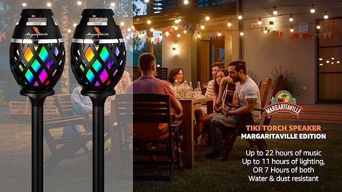 Margaritaville Tiki Torch - Waterproof Bluetooth Speaker, Portable Party Speaker with Multicolor LED Lights, Perfect for Travel, Parties, Yards, and Pools (2 Pack)