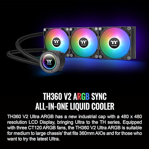 Thermaltake TH360 ARGB Sync V2 CPU Liquid Cooler/AlO Liquid Cooling/Fan 120mm*3/PWM 500~2000 RPM/Mirror Waterblock/MB ARGB Sync Control, CL-W362-PL12SW-A,Black