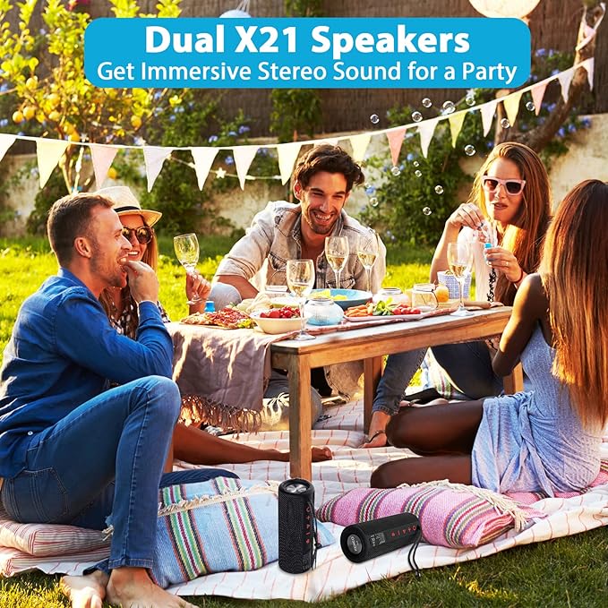 X21 Dual Portable Bluetooth Speakers Waterproof Outdoor Wireless Stereo Pairing with FM Radio, Micro SD Card, IPX6, Aux Jack 30W for Home, Office, Party and Travel (Pack 2 Black)