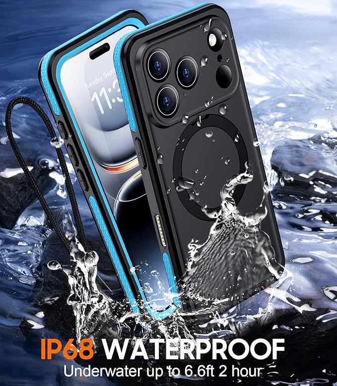 Temdan Magnetic Compatible with iPhone 17 Pro Case,Waterproof Built-in Screen & Camera Protector IP68 Underwater Full Body 17FT Military Dropproof Shockproof Phone Case 6.3"-Blue/Black