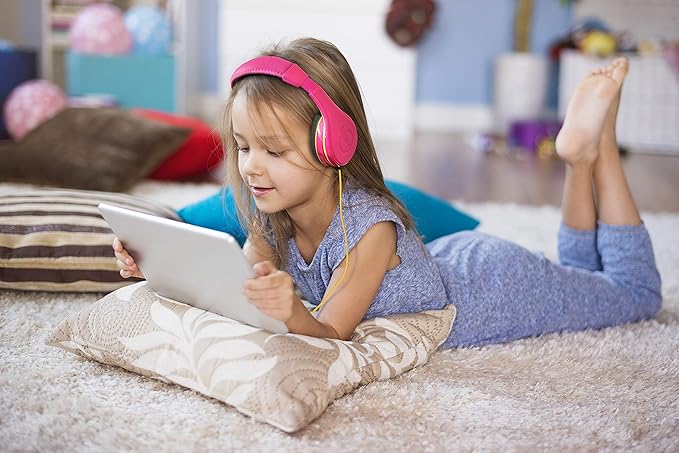 eKids Kids Headphones, Stereo Sound, 3.5mm Jack Cord, Wired Headphones for Kids, Tangle-Free, Volume Control, Childrens Earphones Over Ear for Travel Pink