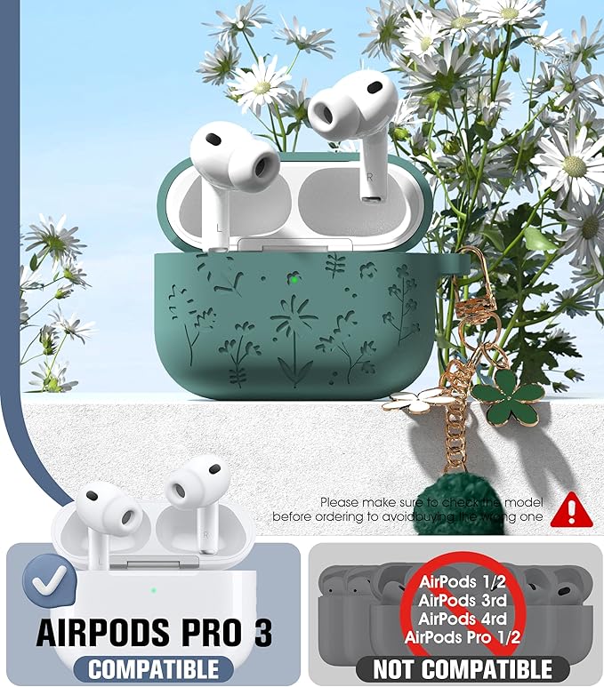 Seltureone Compatible with AirPods Pro 3 Case 2025 Cute with Cherry Blossom Keychain and Cleaning Kit, Soft Silicone Shockproof Flower Engraved Compatible with AirPod Pro 3 Case Cover - Pine Green