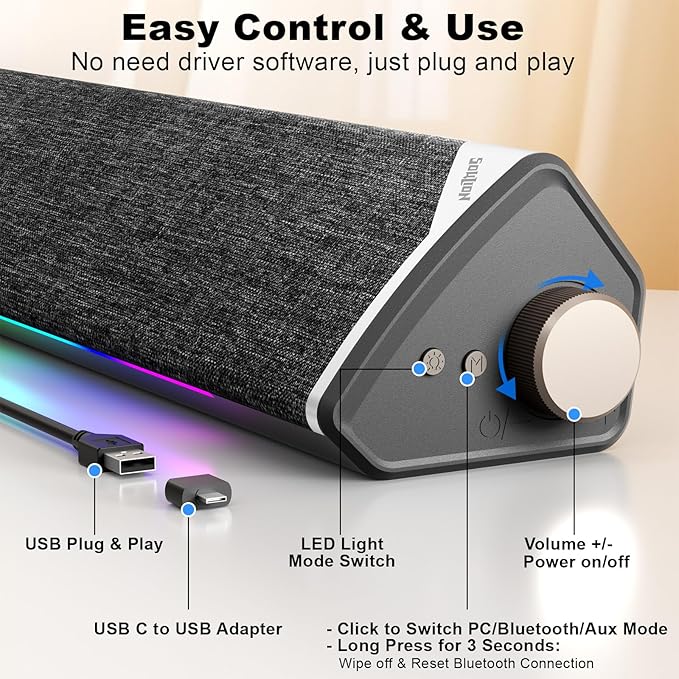 SOULION Computer Speakers, USB-Powered Bluetooth PC Soundbar with Dynamic RGB LED Lights, Surround Sound for Desktop, Laptop, Office, Work, Music & Gaming Black (USB-C to USB Adapter Included)