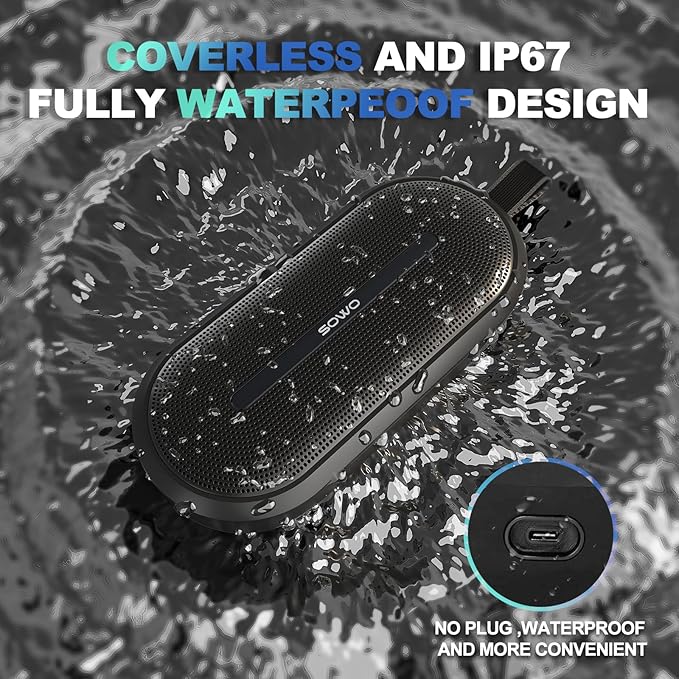 SOWO Portable Wireless Speaker with Bluetooth, Enhanced Immersive Bass, Partyboom Technology, 40W Loud Clear Stereo Sound, IP67 Waterproof, 16H Playtime for Outdoor, Camping and Travel - Deep Black