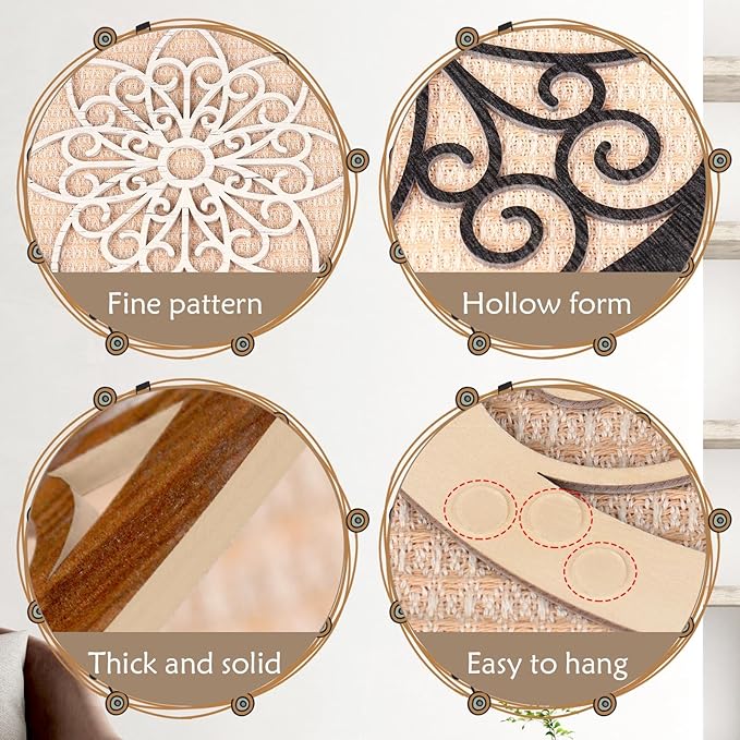 Zzbakress 4 Pieces Farmhouse Wall Decor Rustic Circle Wall Decor Wooden Hollow Carved Round Wall Art for Living Room Bedroom Kitchen Bathroom Home Wall Decoration (Elegant, Colorful)