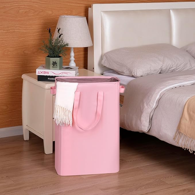 efluky Laundry Basket, Dirty Clothes Basket with Handles, Foldable Laundry Basket for Clothes, Tall Laundry Basket for Laundry Room, Dorm and Bedroom, 12.7 Gallons(48L) Pink, 48HP_24BK
