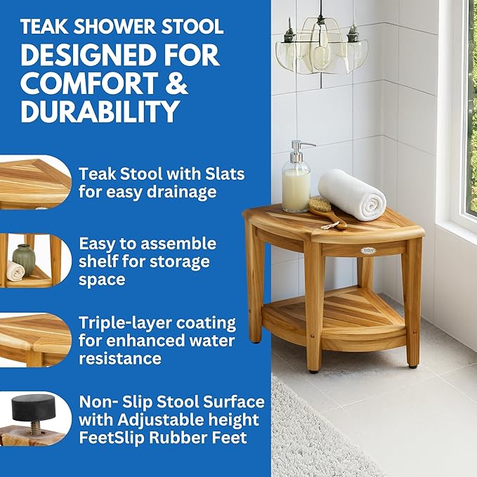 EcoDecors Fully Assembled SnazzyCorner® 18" Teak Shower Bench, Corner Shower Stool, w Shelf in Earthy Teak Finish, Compact Fit for Small Bathrooms & Walk-in Showers – Slip-Resistant Feet