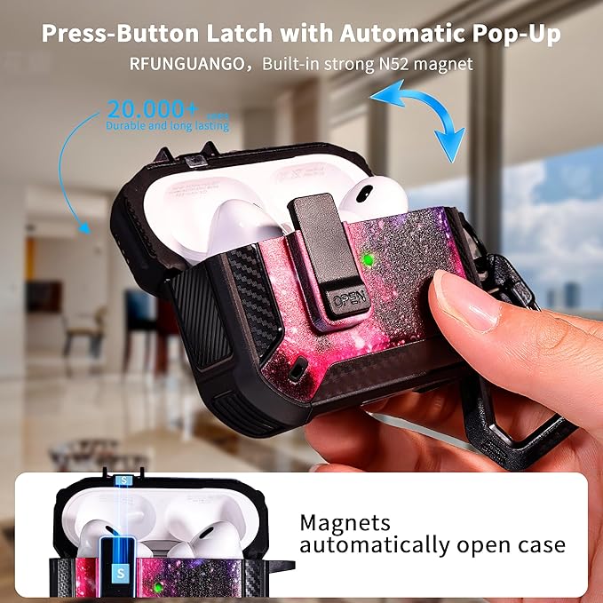RFUNGUANGO Compatible AirPods Pro 2nd Generation Case with Phone Holder and Compatible Back Magnetic Suction Function, Suitable for AirPods Pro 2 Case, Black+Starry Sky