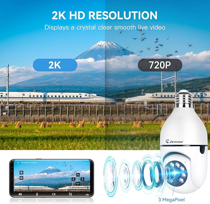 Jennov 2K Light Bulb Security Camera Wireless Outdoor, Indoor Light Socket Cameras for Home Security, Human Detection, 355°, Color Night Vision, 5G/2.4G WiFi, Screw in, Compatible with Alexa