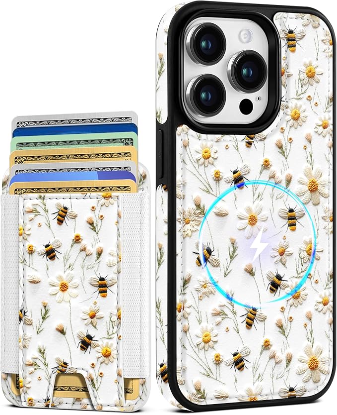 Shorogyt for iPhone 12 Pro Max Case Wallet - Fits 5 Cards, Compatible with Magsafe Detachable Magnetic Credit Card Holder Leather Cardholder Cute Phone Cover Women Girl for Apple 12 ProMax, Bee Flower