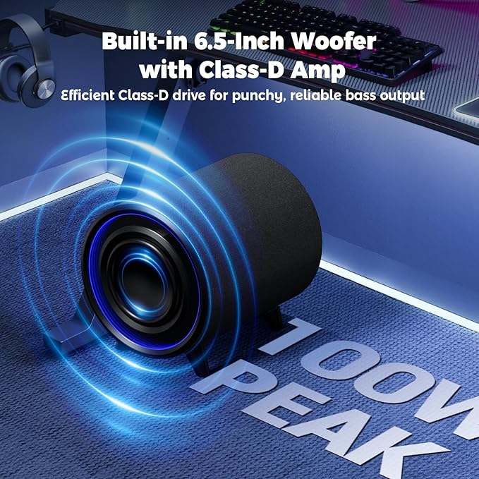 Powered Subwoofer, 100W Peak Sub with DSP, 6.5’’ Subs with Infinity Mirror - 3D Tunnel Light, 6 LED Home Theater Subwoofers, 40Hz-250Hz, Class-D Amp, Low Pass dial, Phase Switch
