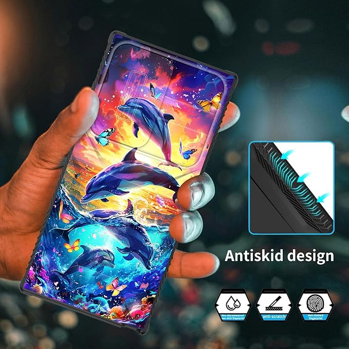 for Galaxy S24 Ultra Case Built in Slide Camera Lens Cover,Heavy Duty Shockproof Protection Dual Layer Case for Samsung Galaxy S24 Ultra 6.8" 2024,Dolphins and Butterflies