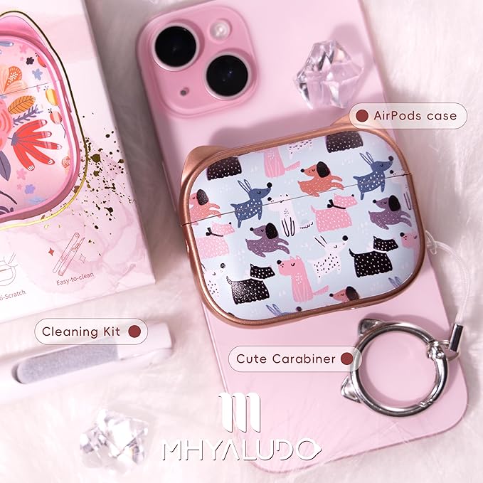 for AirPods Pro 2 Case with Cleaning Kit, Cute Cat Ear Print Design & Cute Buckle for Girls, Phone Holder & Top Safe Lock Buckle Design for AirPods Pro 2nd/1st Gen case, Rose Gold Animal