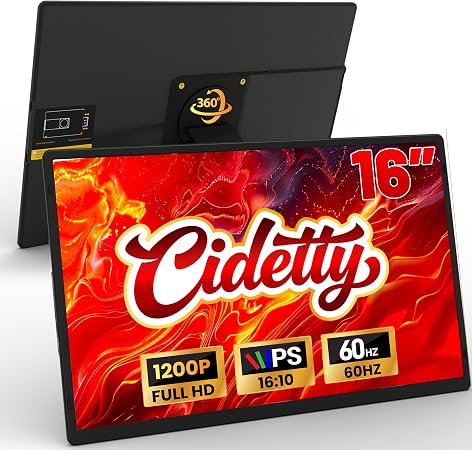 CIDETTY 16" Laptop Screen Extender, 1920x1200 FHD Portable Monitor for Laptop, 360° Magnetic Stand Travel Second Screen for Mac, Windows, Android Phone