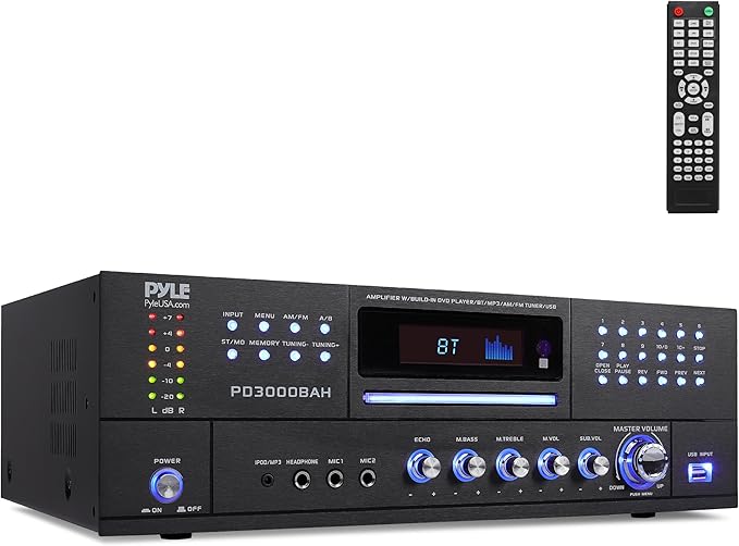 Pyle 3000W 4-Channel Wireless Bluetooth Amplifier - Stereo Home Audio Receiver with Front CD/DVD Player, FM Radio, Hi Def Input,Aux,RCA,USB,2 Mic Inputs w/Echo, Subwoofer Out - Rack Mount