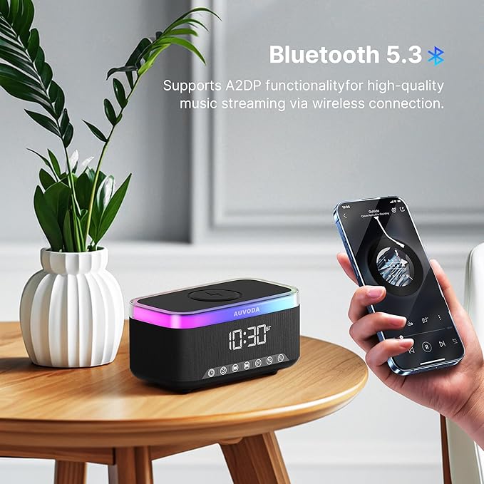 S300 10W Stereo Bluetooth Speaker with 15W Fast Wireless Charging, 13-Color Night Light, Alarm, White Noise, FM Radio, Portable, TWS, BT5.3, for PC, Smartphone, Home, Office & Bedroom (Black)