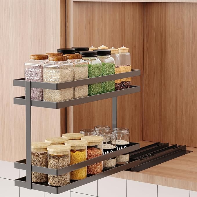 Pull Out Spice Rack Organizer for Cabinet, 1 Pack Metal Seasoning Organizer Slide Out Spice Storage Shelf No Assembly Vertical Spice Rack Pullout for Kitchen Cabinets(2 Tier, Matte Black)