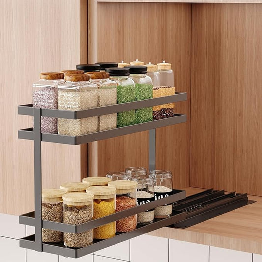 Pull Out Spice Rack Organizer for Cabinet, 1 Pack Metal Seasoning Organizer Slide Out Spice Storage Shelf No Assembly Vertical Spice Rack Pullout for Kitchen Cabinets(2 Tier, Matte Black)