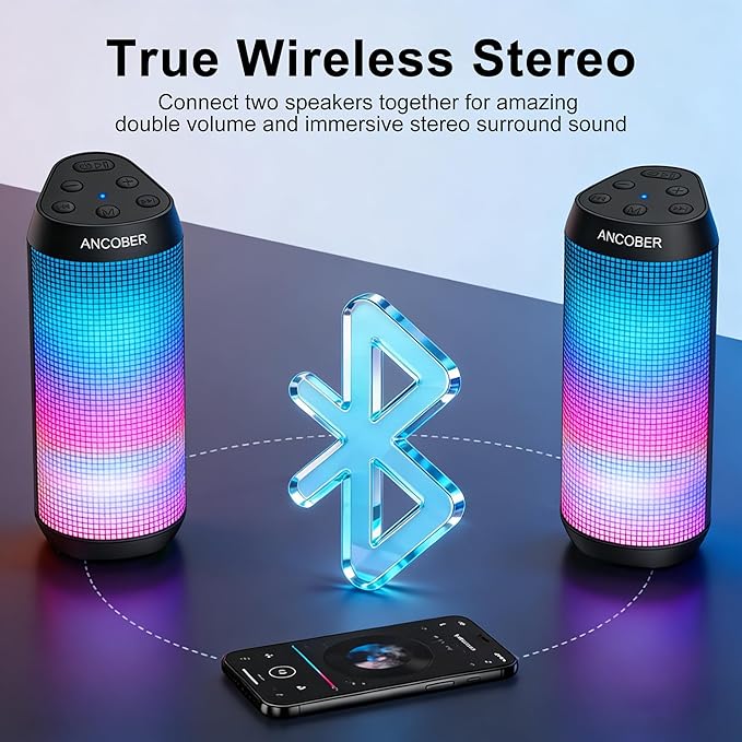 Portable Bluetooth Speaker, 2026 Wireless Speaker with 20W HD Loud Stereo Sound, 36H Playtime, Cool LED Lights, IPX4 Waterproof, TWS Pairing, BT5.3, Buit-in Mic, for Outdoor, Home, Party, Gift