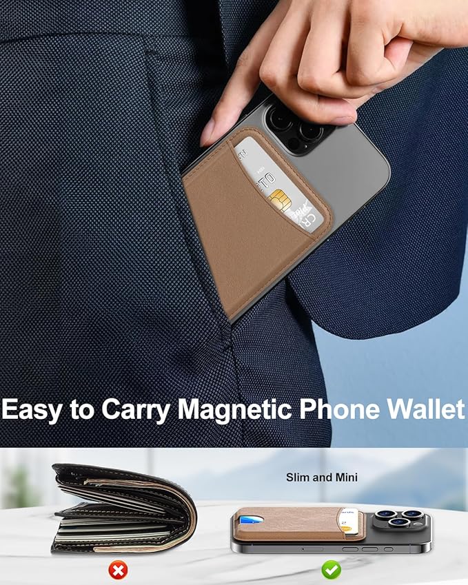 Miroddi for Magsafe Wallet, Magnetic Card Holder for iPhone 17/16/15/14/13/12 Series, Leather Magnet Phone Wallet Fit 4 Cards 3 Cash, Ultra-Thin, RFID Blocking, Brown
