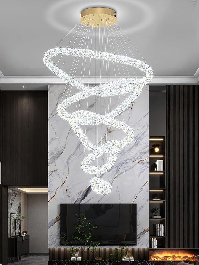 Flashing God H118 Modern Large Chandelier for Foyer 5 Rings Crystal Chandelier Stairway Chandeliers LED Dimmable Crystal Pendant Light for Living Room Entrance Hallway Gold