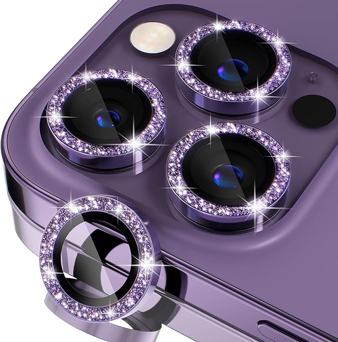 Misea [3+1] for iPhone 14 Pro/iPhone 14 Pro Max Camera Lens Protector Bling, 9H Tempered Glass Camera Cover Screen Protector Metal Individual Ring Protector Decoration Accessories, Purple Glitter