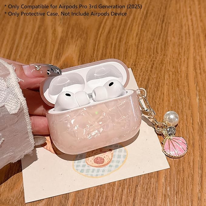 for AirPod Pro 3 Case 2025 Cute Luxury Marble TPU Protective Cover with Glitter Shell Pearl Keychain Compatible for AirPods Pro 3rd Generation Case for Women Girls (Pink)