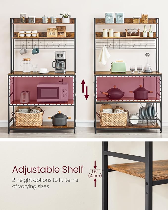 VASAGLE Bakers Rack with Power Outlet, Microwave Stand, Kitchen Tall Utility Storage Shelf, with Metal Wire Panel, 14 Hooks, 15.7 x 39.4 x 66.9 Inches, Rustic Brown and Ink Black UKKS038B01