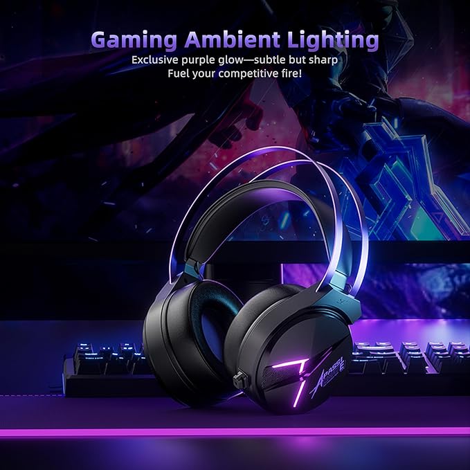 THS319 Stereo USB Gaming Headset for Pc,Laptop,Xbox, Ps4, Ps5, Switch,Noise Cancelling Over Ear Headphones with Mic,RGB Light, Soft Memory Earmuffs-Black Purple